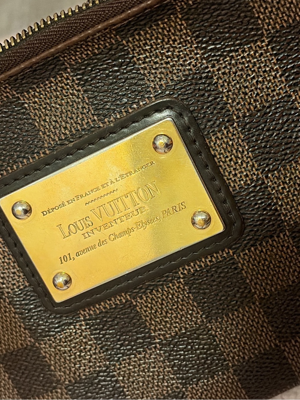 Louis Vuitton Brown Damier Ebene Wristlet with Gold Plaque